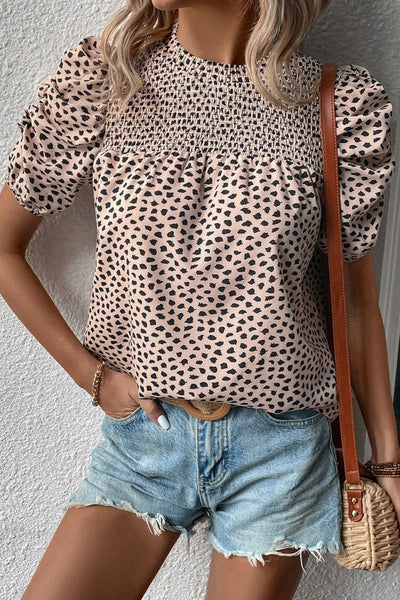 Explore More Collection - Smocked Animal Print Puff Sleeve Blouse