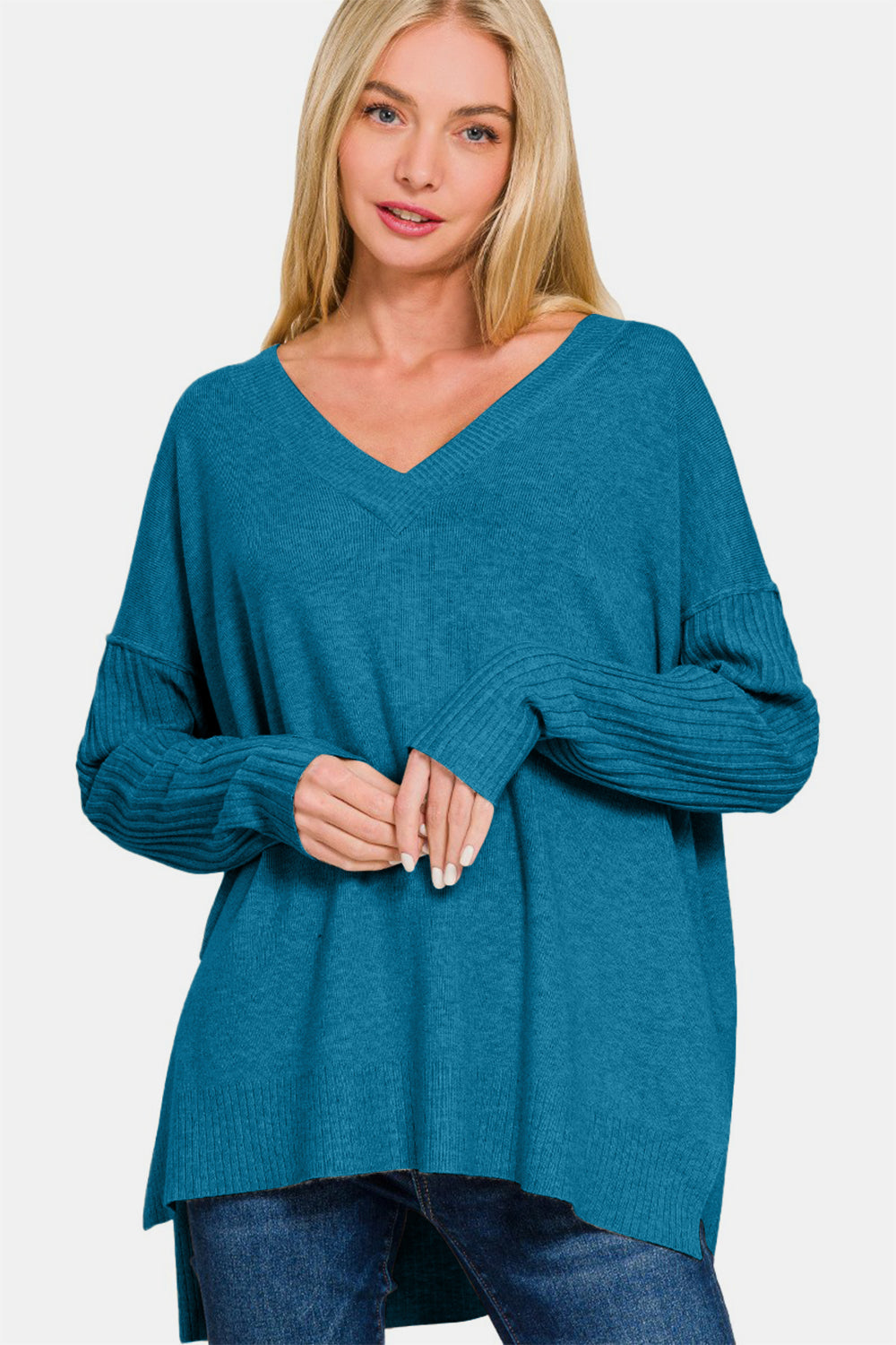 Explore More Collection - Zenana V-Neck Side Slit High-Low Sweater