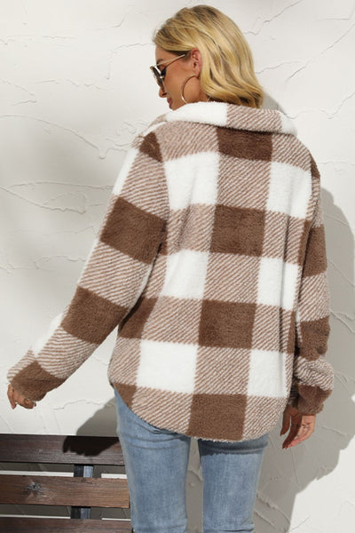 Explore More Collection - Shiny Plaid Half Zip Long Sleeve Sweatshirt