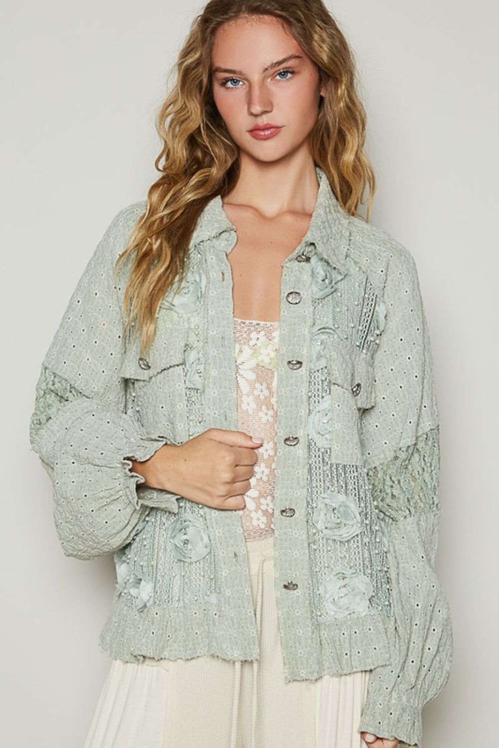 Explore More Collection - POL Eyelet Flower Pearl Detail Lace Patchwork Shirt