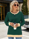 Explore More Collection - Slit Striped Round Neck Long Sleeve Sweatshirt