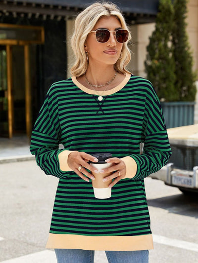 Explore More Collection - Slit Striped Round Neck Long Sleeve Sweatshirt