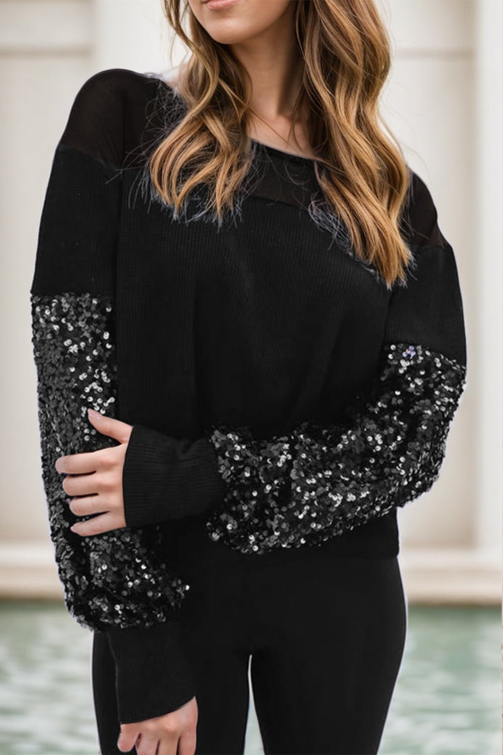 Explore More Collection - Sequin Boat Neck Long Sleeve Blouse