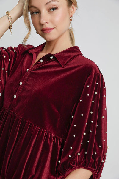 Explore More Collection - Umgee Pearl Detail Collared Neck Velvet Babydoll Blouse