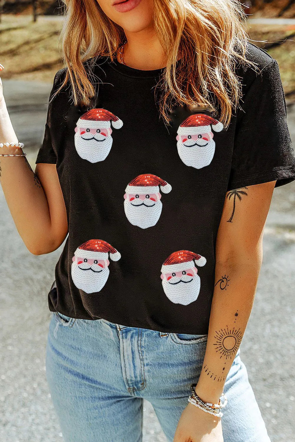 Explore More Collection - Sequin Santa Round Neck Short Sleeve T-Shirt