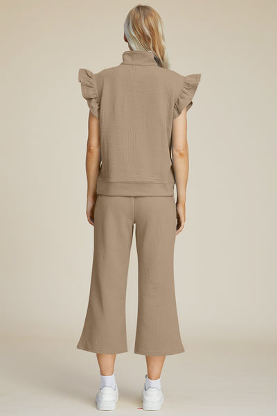 Explore More Collection - Double Take Full Size Texture Ruffle Short Sleeve Top and Wide Leg Pants Set