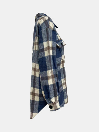 Explore More Collection - Plaid Collared Neck Long Sleeve Jacket