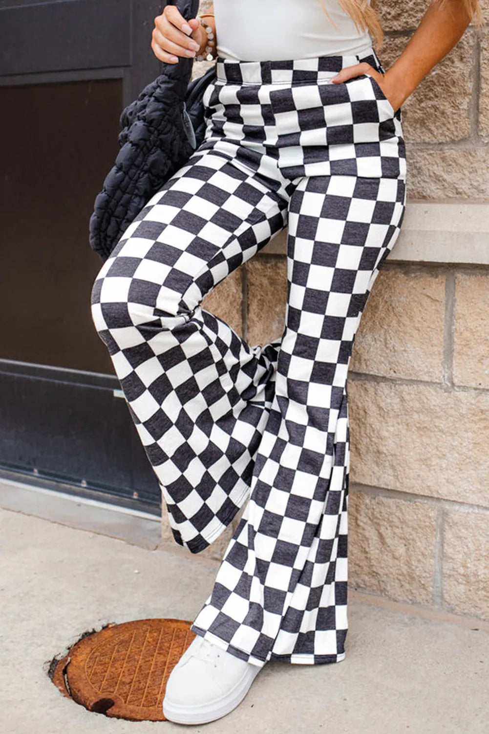 Explore More Collection - Checkered Flare Pants with Pockets