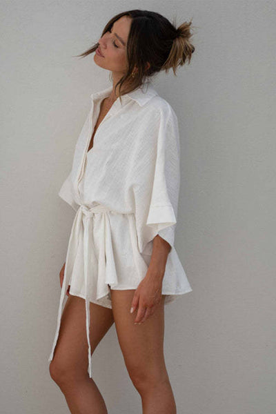 Explore More Collection - Tied Button Up Collared Neck Romper