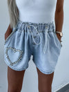 Explore More Collection - Rhinestone Drawstring Denim Shorts