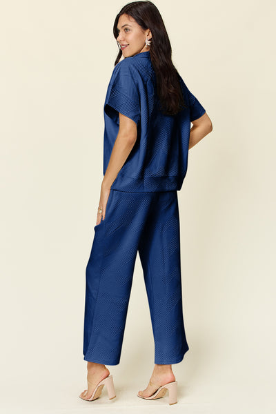 Explore More Collection - Double Take Full Size Texture Half Zip Short Sleeve Top and Pants Set