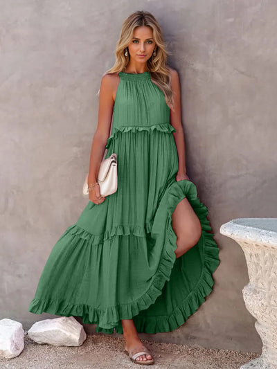 Explore More Collection - Ruffled Sleeveless Tiered Maxi Dress with Pockets