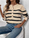 Explore More Collection - Perfee Striped Half Button Long Sleeve Sweater