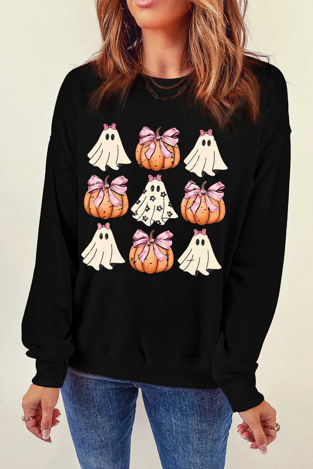 Explore More Collection - Pumpkin & Ghost Round Neck Long Sleeve Sweatshirt