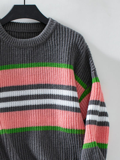 Explore More Collection - Contrast Stripes Round Neck Long Sleeve Sweater