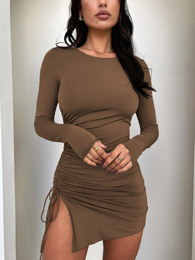 Explore More Collection - Side Drawstring Round Neck Long Sleeve Dress