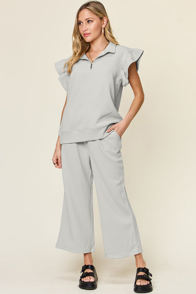 Explore More Collection - Double Take Texture Ruffle Short Sleeve Top and Drawstring Wide Leg Pants Set