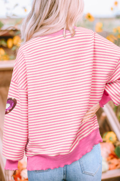 Explore More Collection - Valentine’s Day Sequin Heart Striped Round Neck Long Sleeve Sweatshirt