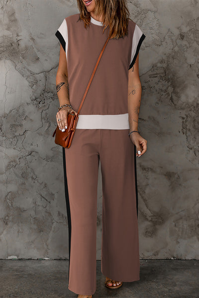 Explore More Collection - Contrast Round Neck Top and Pants Set