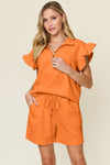 Explore More Collection - Double Take Full Size Texture Flounce Sleeve Top and Drawstring Shorts Set