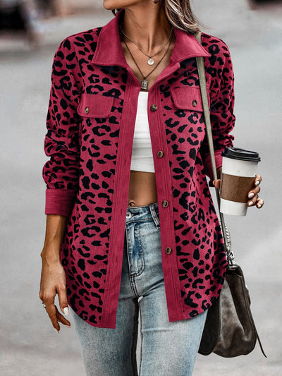 Explore More Collection - Full Size Leopard Collared Neck Button Up Long Sleeve Jacket