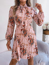 Explore More Collection - Pleated Printed Tie Neck Long Sleeve Dress