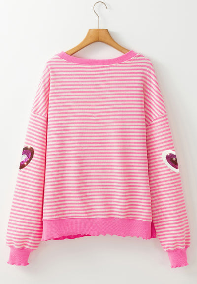 Explore More Collection - Valentine’s Day Sequin Heart Striped Round Neck Long Sleeve Sweatshirt