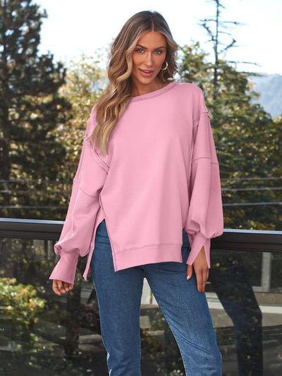 Explore More Collection - Slit Round Neck Long Sleeve Sweatshirt