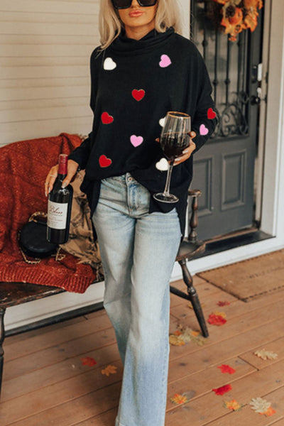 Explore More Collection - Valentine’s Day Heart Patched Turtleneck Long Sleeve Top