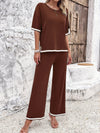 Explore More Collection - Contrast Trim Round Neck Top and Pants Set