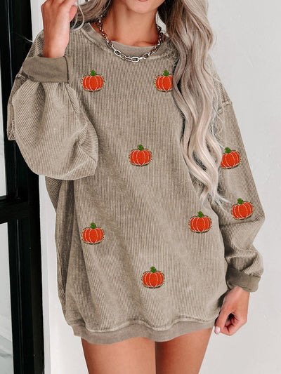 Explore More Collection - Pumpkin Round Neck Long Sleeve Sweatshirt