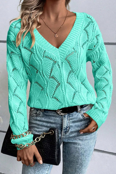 Explore More Collection - Openwork V-Neck Long Sleeve Sweater