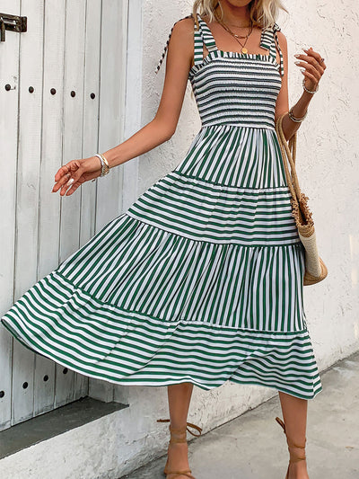 Explore More Collection - Smocked Striped Square Neck Midi Dress