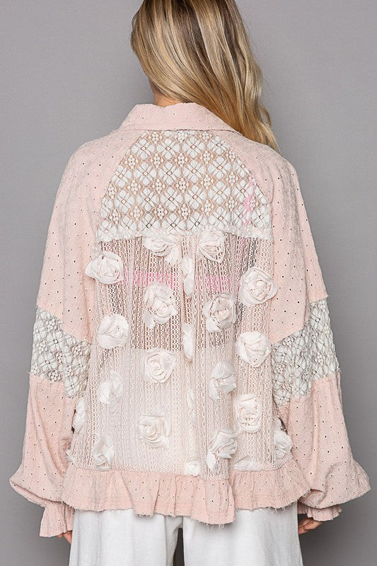 Explore More Collection - POL Eyelet Flower Pearl Detail Lace Patchwork Shirt
