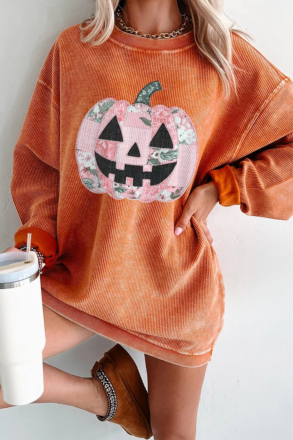 Patchwork Pumpkin Graphic Corded Ribbed Round Neck Tunic Sweatshirt