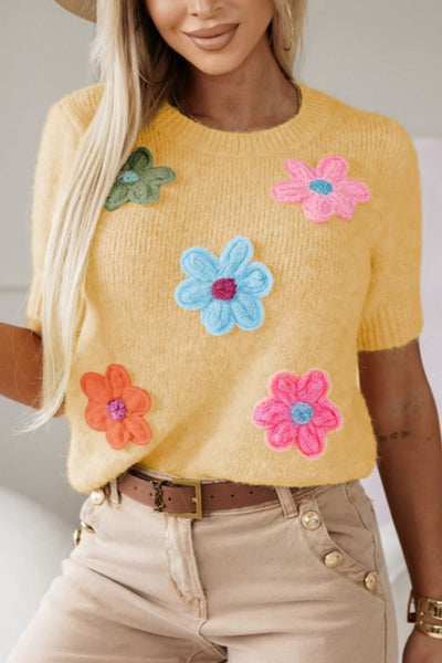 Explore More Collection - Flower Round Neck Short Sleeve Sweater