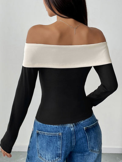 Explore More Collection - Perfee Bow Contrast Off-Shoulder Long Sleeve Top