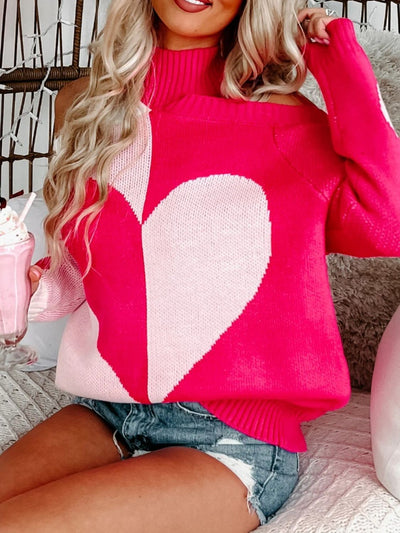 Explore More Collection - Valentine's Day Heart Turtleneck Cold Shoulder Sweater