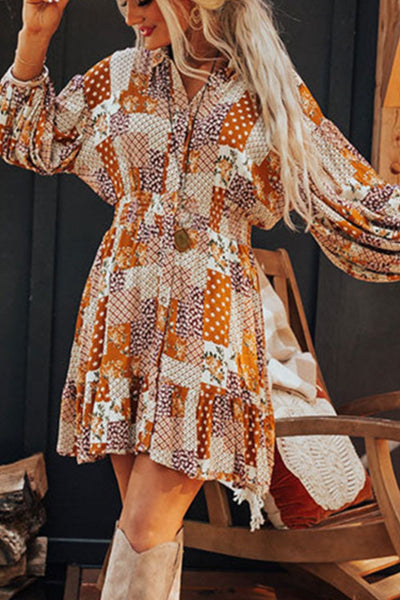 Explore More Collection - Printed Collared Neck Three-Quarter Sleeve Mini Shirt Dress