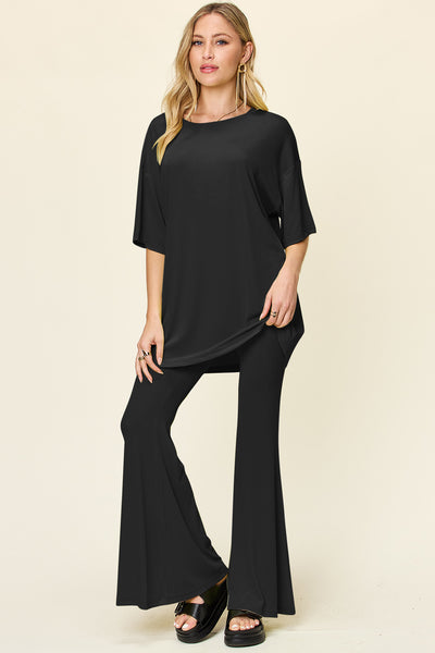 Explore More Collection - Double Take Full Size Round Neck Drop Shoulder T-Shirt and Flare Pants Set