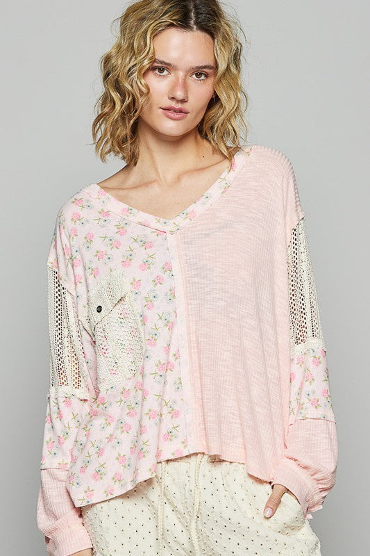 Explore More Collection - POL Floral Crochet Patch V-Neck Top