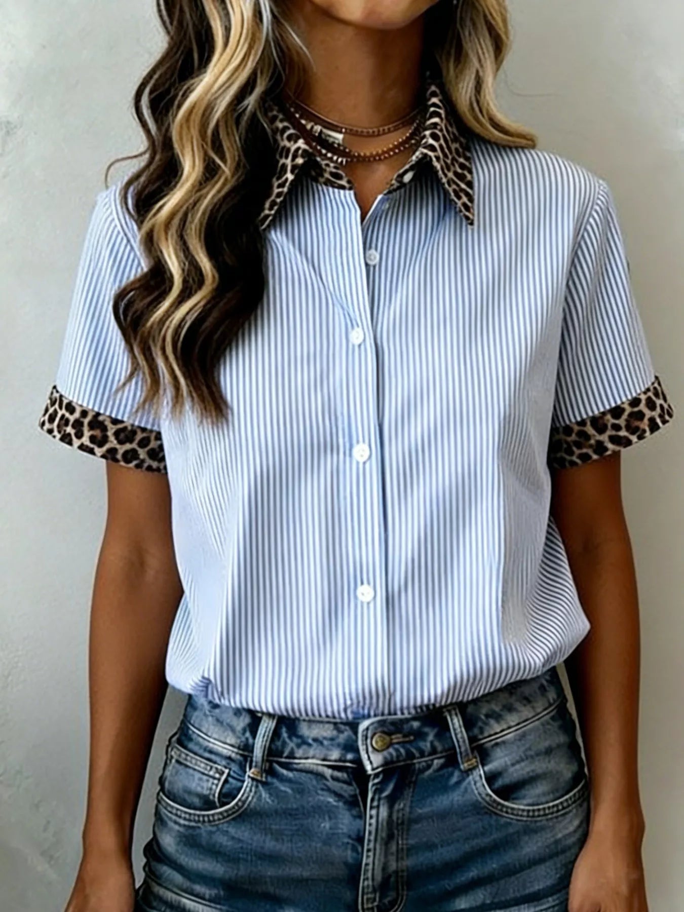 Stripe Leopard Contrast Collar Short Sleeve Shirt
