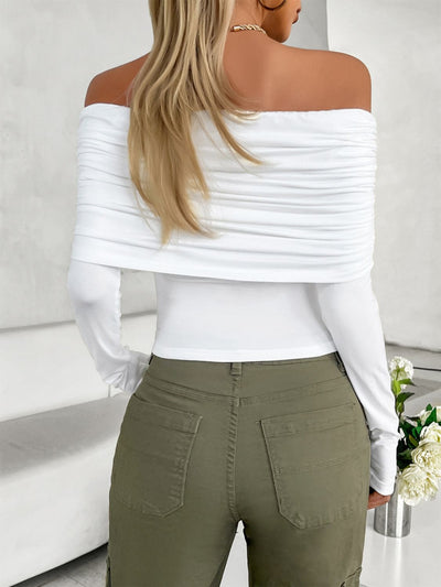 Explore More Collection - Ruched Off-Shoulder Long Sleeve T-Shirt