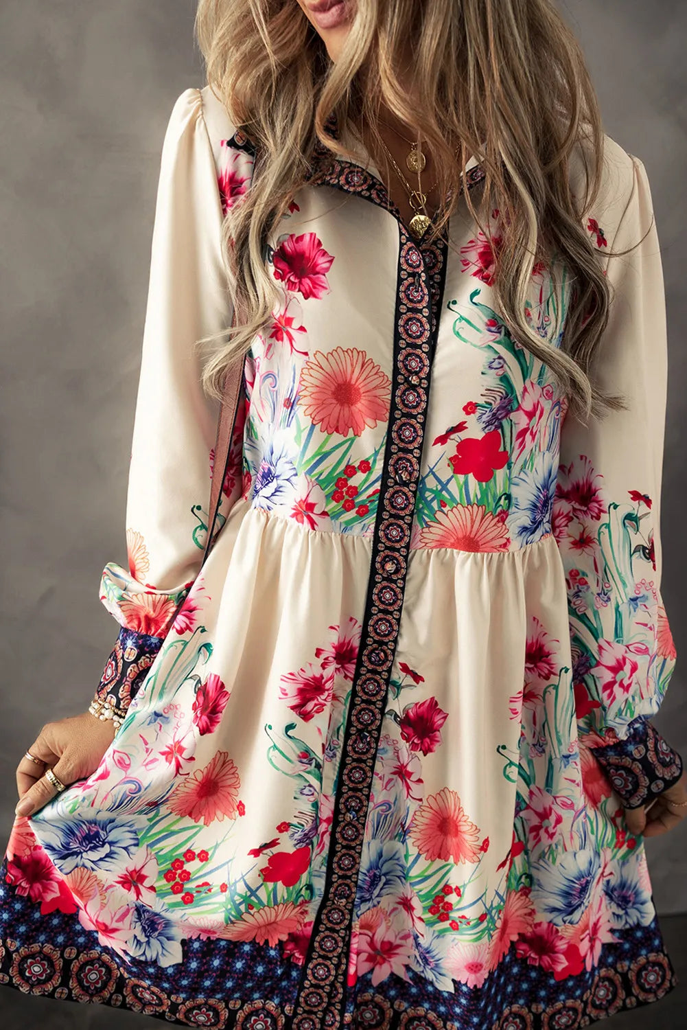 Explore More Collection - Flower Button Down Lantern Sleeve Dress