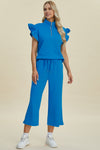 Explore More Collection - Double Take Full Size Texture Ruffle Short Sleeve Top and Wide Leg Pants Set