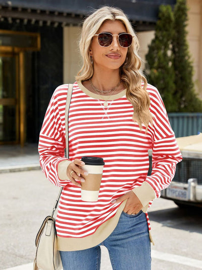 Explore More Collection - Slit Striped Round Neck Long Sleeve Sweatshirt