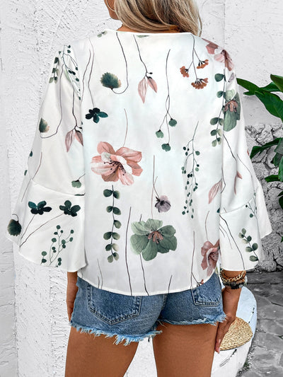 Explore More Collection - Ruffled Printed V-Neck Half Sleeve Blouse