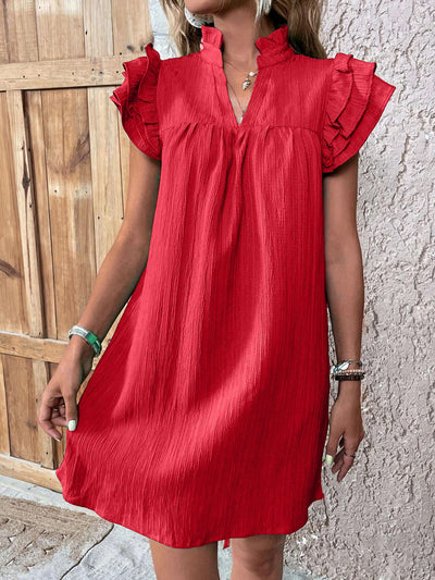 Explore More Collection - Ruffled Notched Cap Sleeve Mini Dress