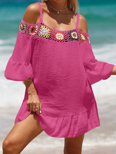 Explore More Collection - Crochet Cold Shoulder Three-Quarter Sleeve Cover Up