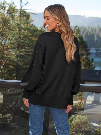 Explore More Collection - Slit Round Neck Long Sleeve Sweatshirt